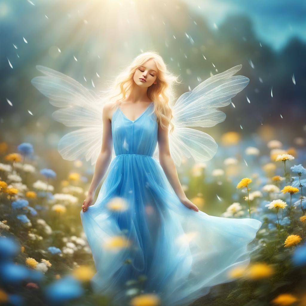 Fairy in Flower Garden with Translucent Wings