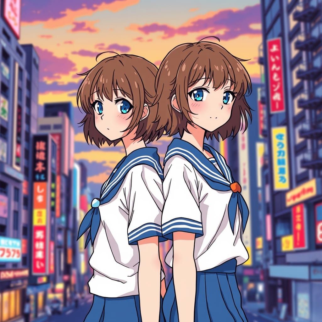 Anime Girl Twins in Vibrant Tokyo Cityscape