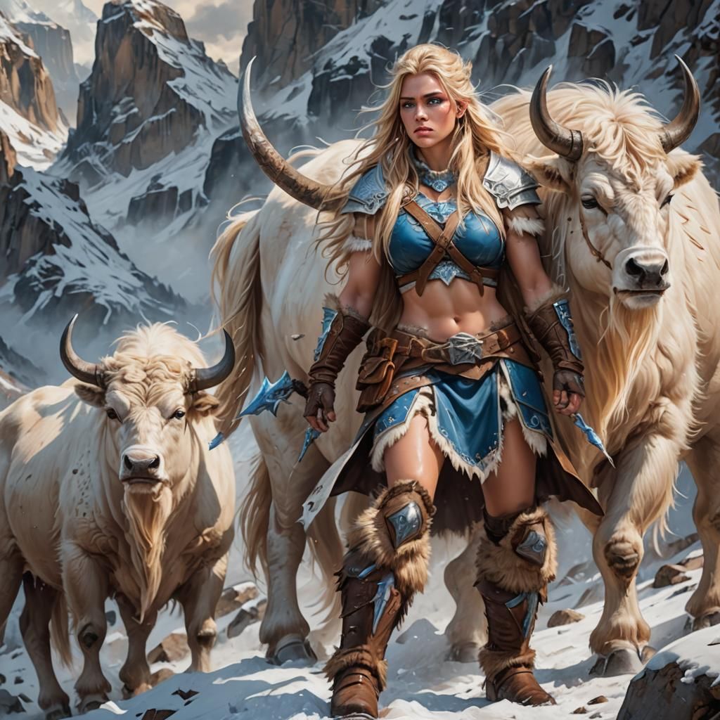 Barbarian Warrioress and War Yak on Snowy Path