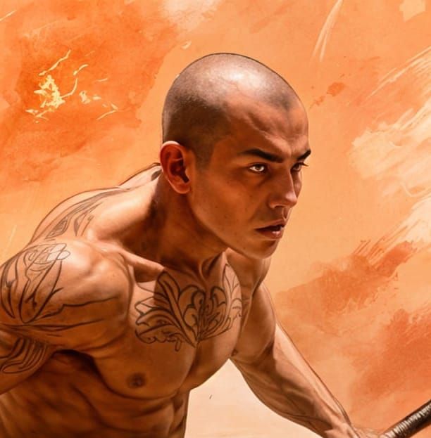 Dynamic Tattooed Warrior Monk Training with Spear