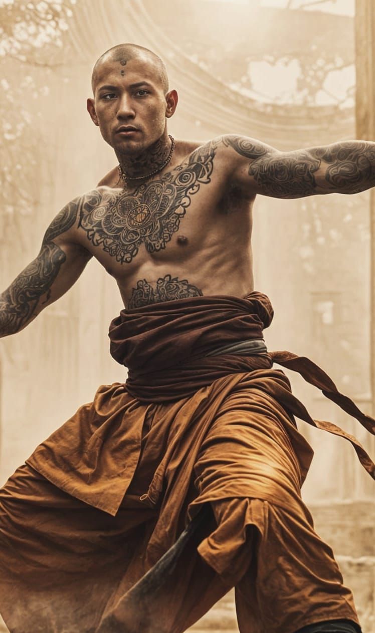Dynamic Tattooed Monk Training with Spear