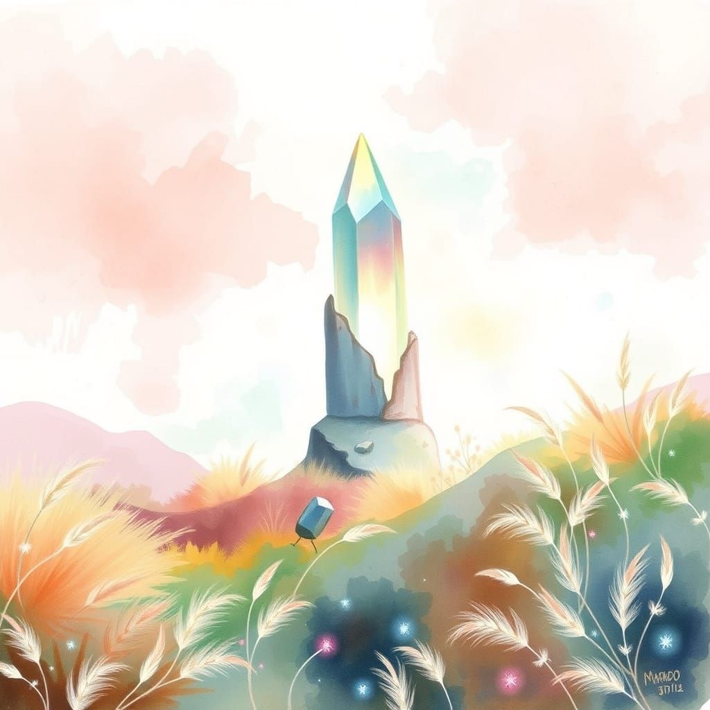 Pastel Crystal Landscape in Watercolor Style