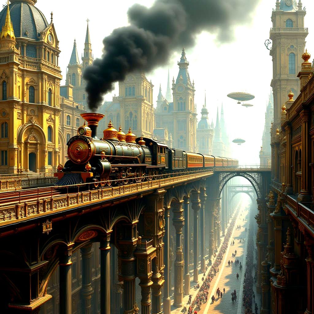 Steampunk Cityscape With Ornate Buildings and Steam Train