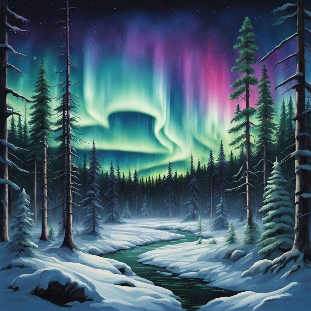 Northern Lights Over Winter Forest Clearing