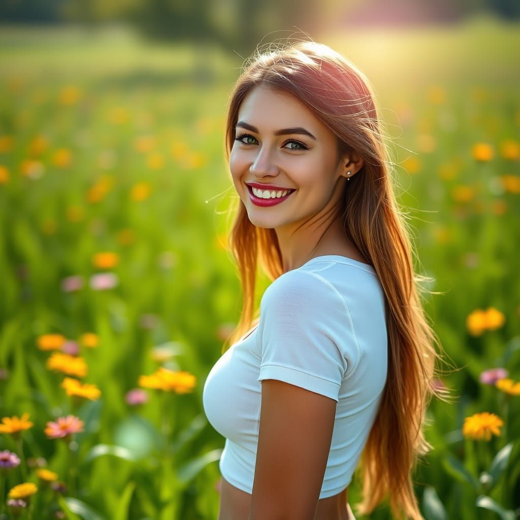 Stunning European Woman in a Vibrant Green Field
