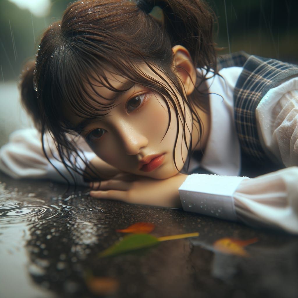 Melancholic Schoolgirl in Rain: Serene Afternoon Image