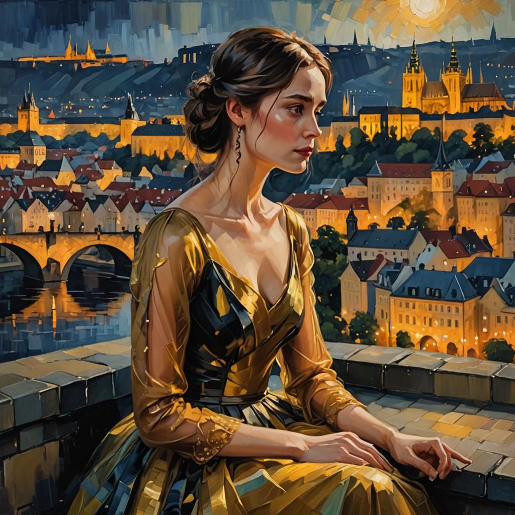 Melancholy Prague Night: Expressionist Oil Painting