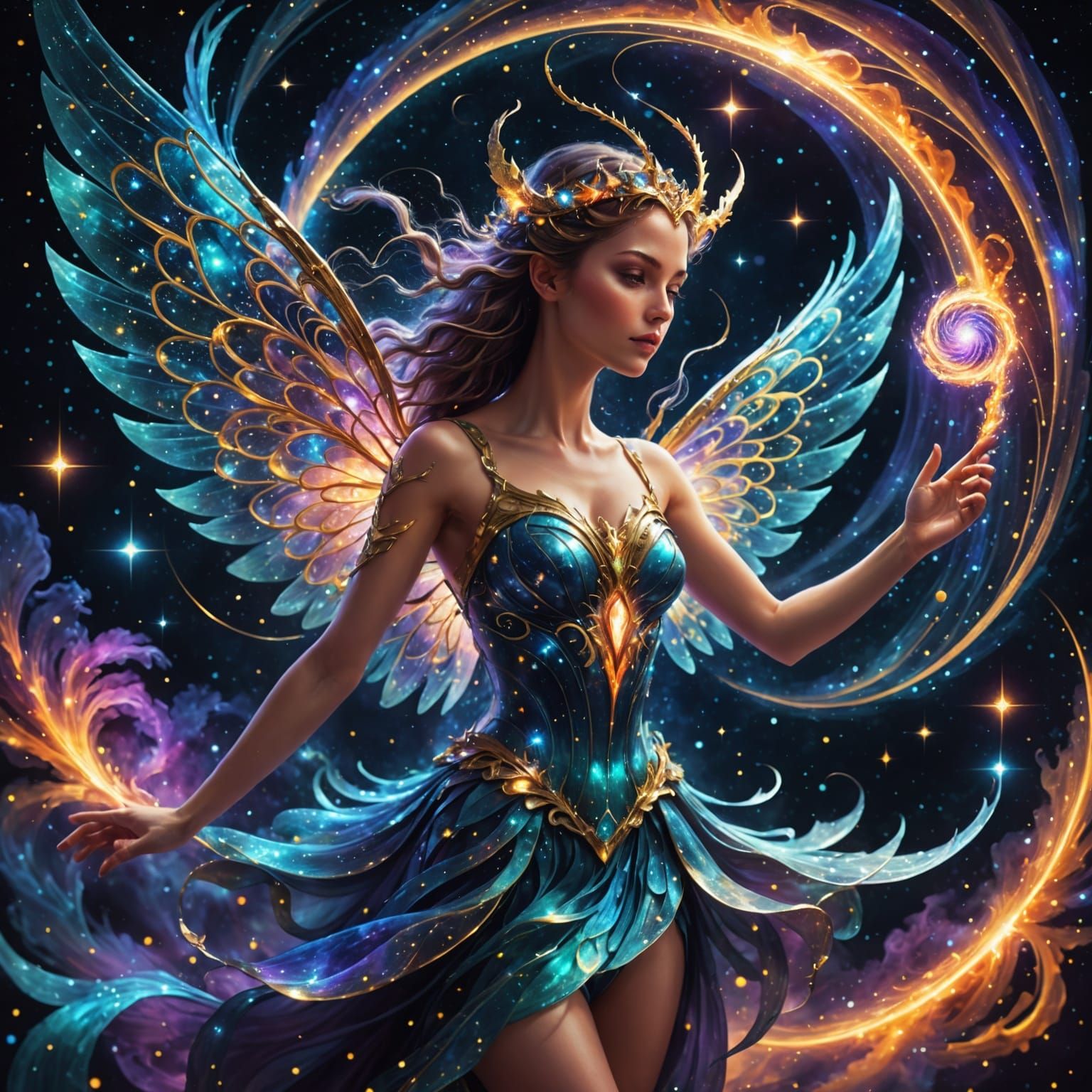 Celestial Fairy Spiraling Through Nebula in Mixed Media