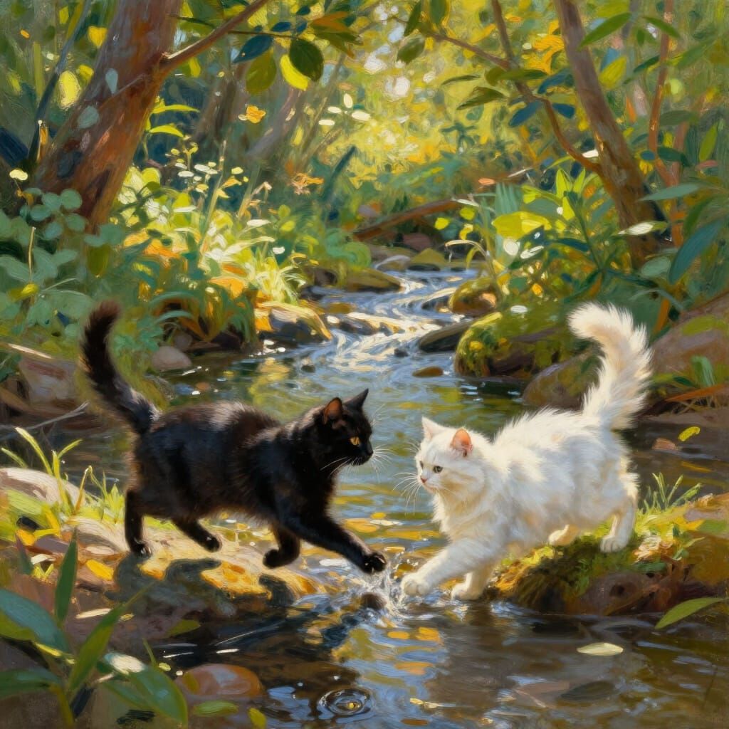 Black and White Cats Play by Creek in Impressionist Style