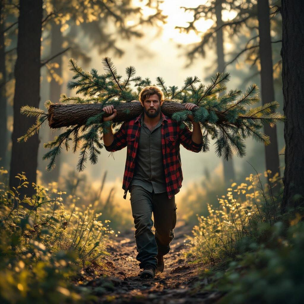 Muscular Lumberjack Carries Pine Tree in Sun-Dappled Forest