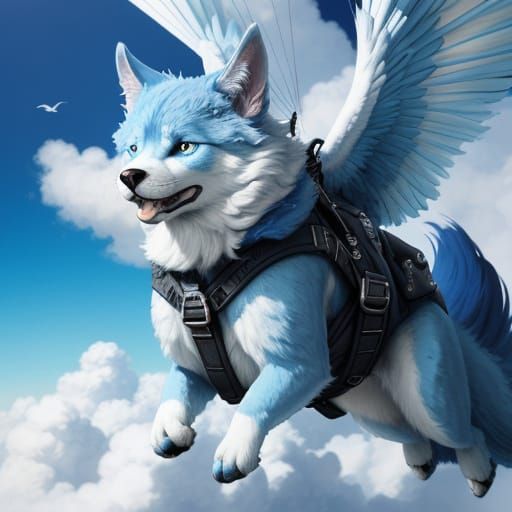 Furry Blue Creature Skydiving: Vibrant Digital Art