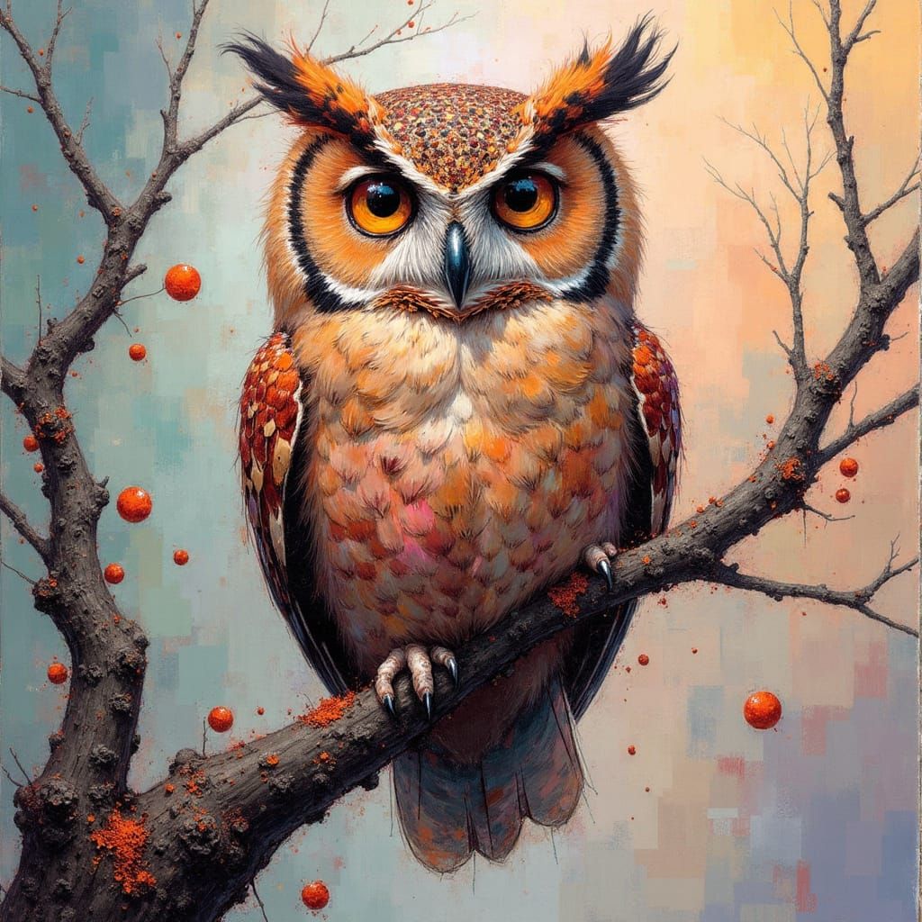 Steampunk Owl on Branch in Impressionist Style