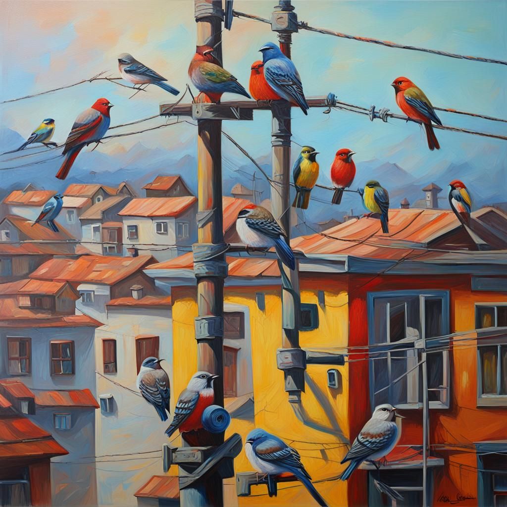 Bird on Electric Pole: Colorful Oil Painting