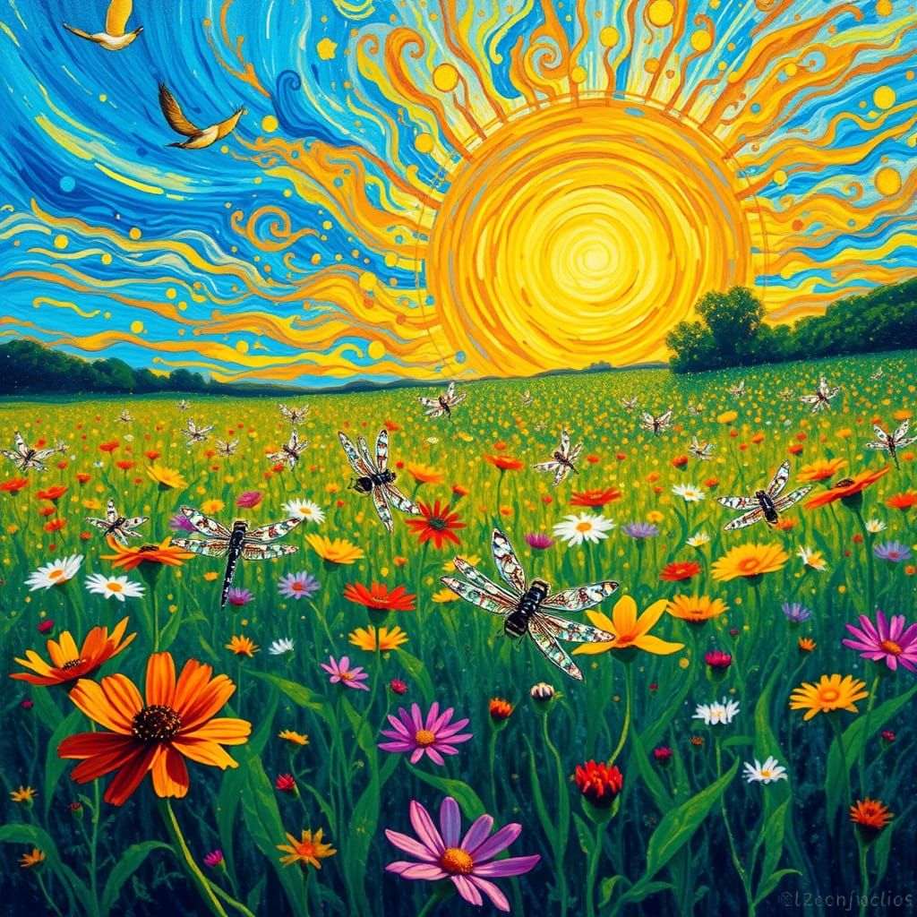 Vibrant Field of Wildflowers in Post-Impressionist Style