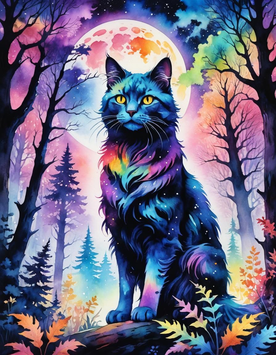 Macabre Ghost Cat Dissolving in Forest, Watercolor
