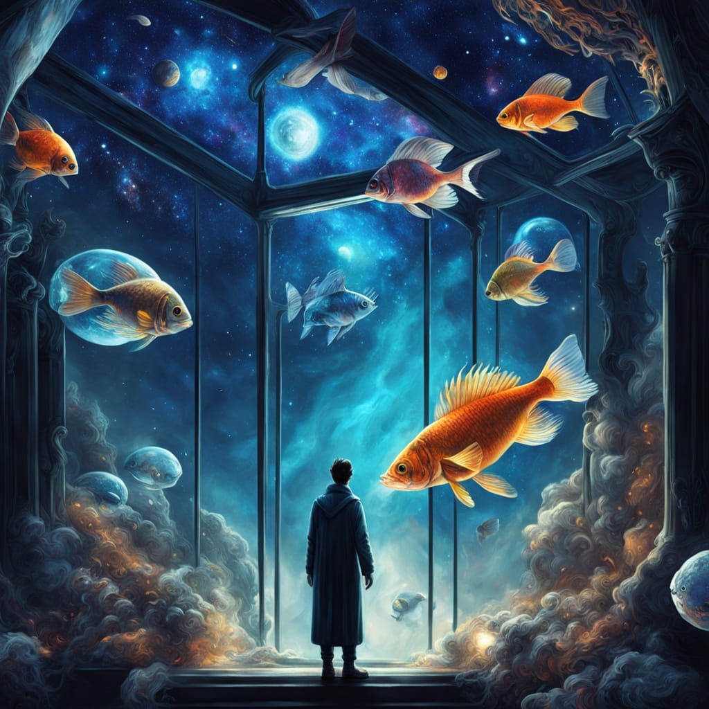 glass aquarium floating alone in deep space