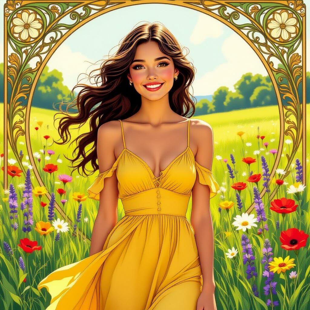 Soleil in a Meadow, Art Nouveau Illustration