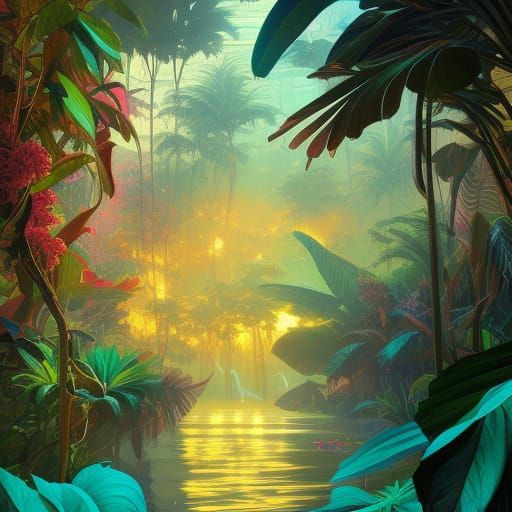 Tropical Action Painting in Art Nouveau Style