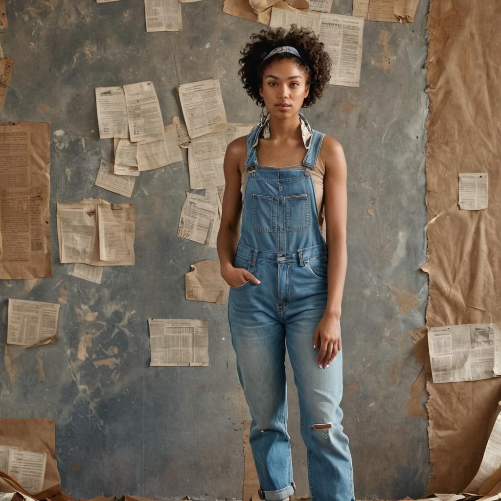 Young Woman in Denim Overalls: Photorealistic Portrait
