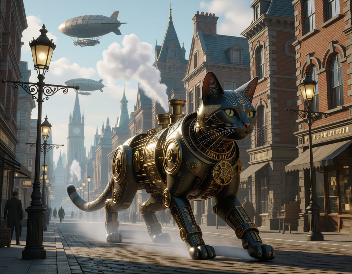 Clockwork Cat in Victorian City Street