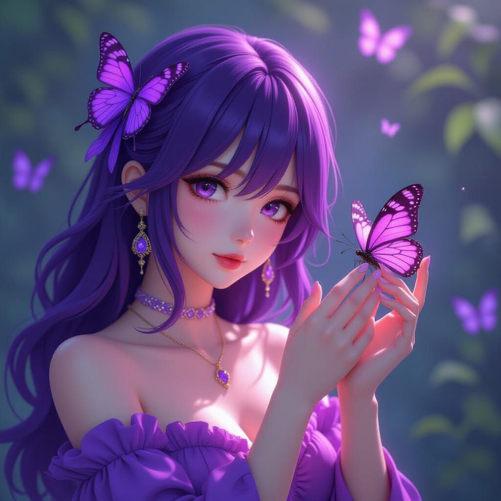 Woman with Purple Hair Touches Butterfly in 3D Anime Style