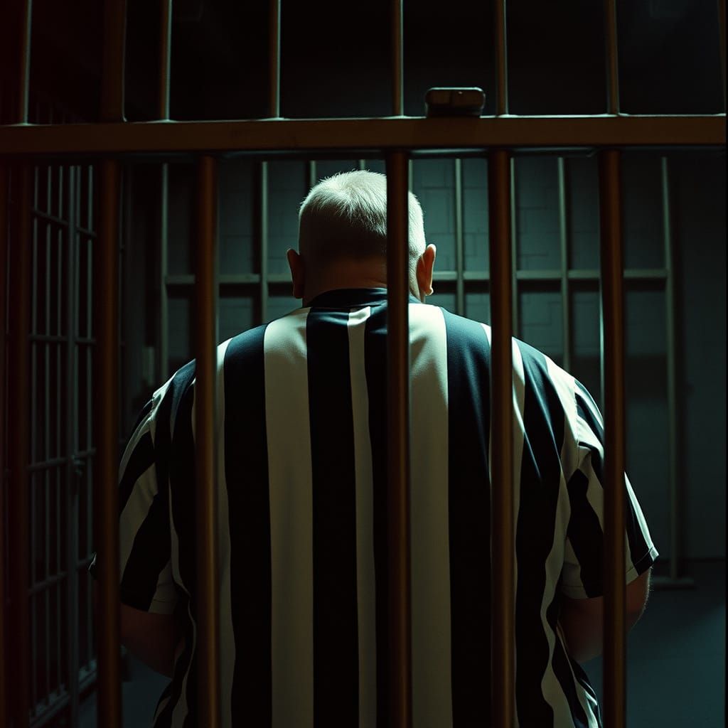 back view of an extremely large male prisoner wearing black and white striped shirt sitting in his jail cell behind bars...