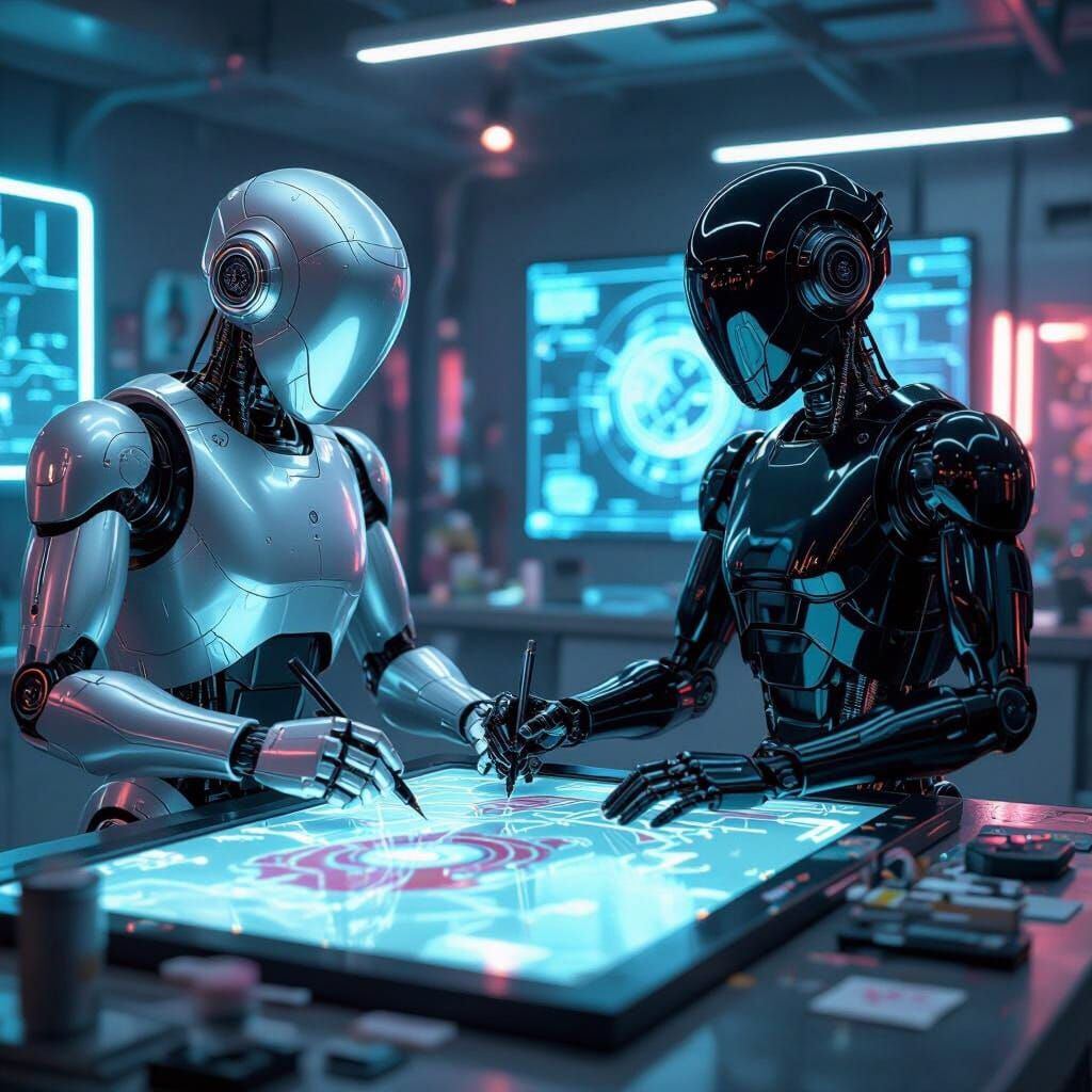 Robots Creating Art in Futuristic Studio