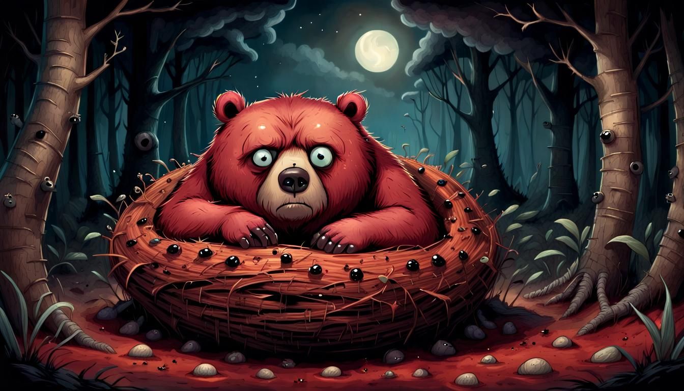 Frowning Bear Sleeps on Ants Nest in Storybook Style