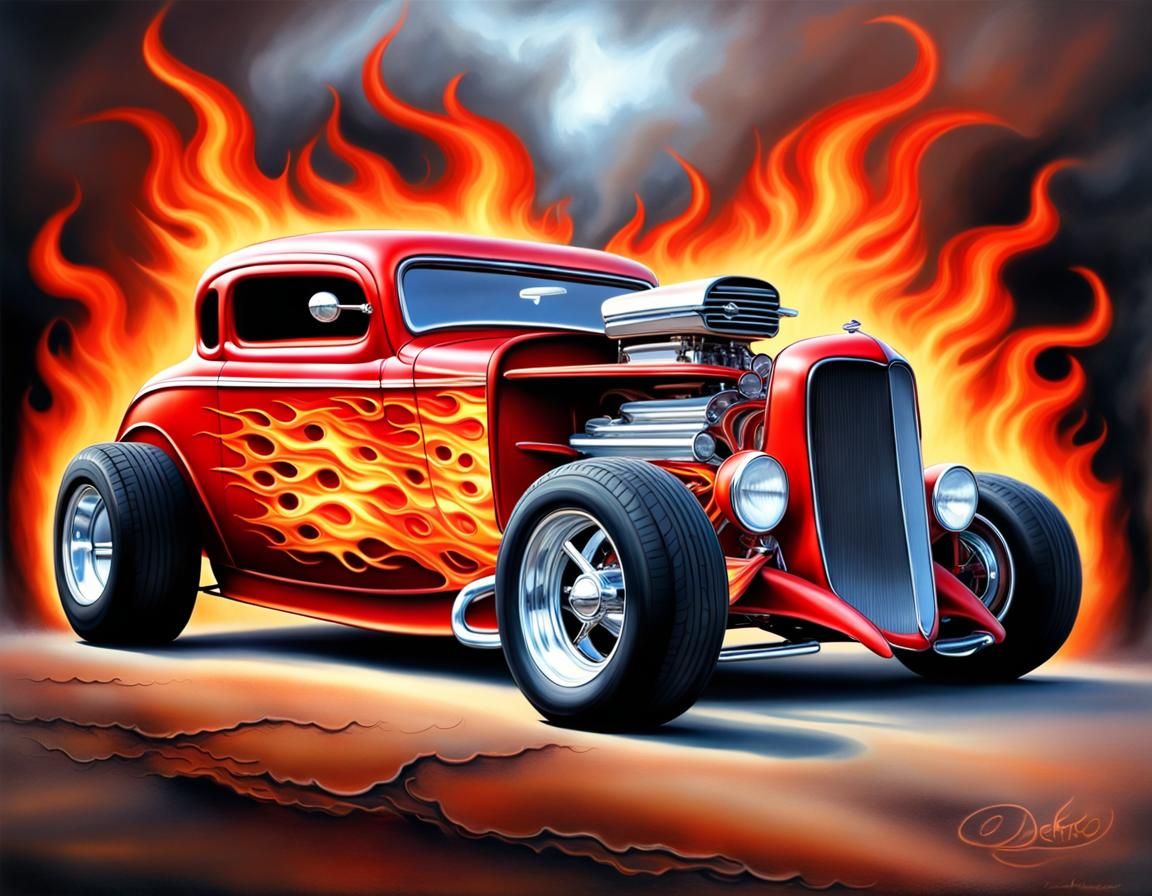 Fiery Red Hot Rod Airbrush-Style Image