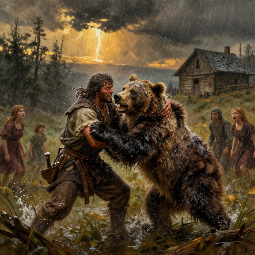 Warrior Wrestles Bear in Stormy Forest Digital Painting
