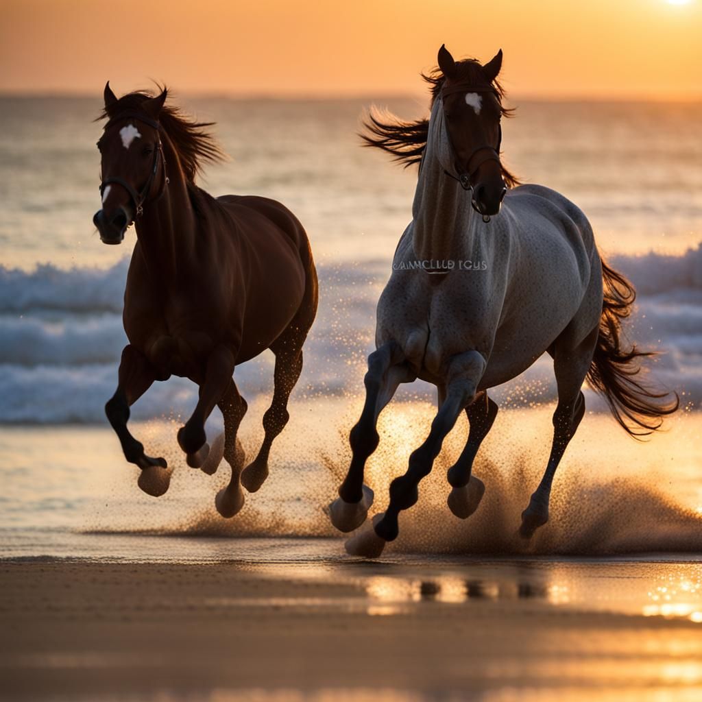 Horses Running on Beach at Sunrise: Photography