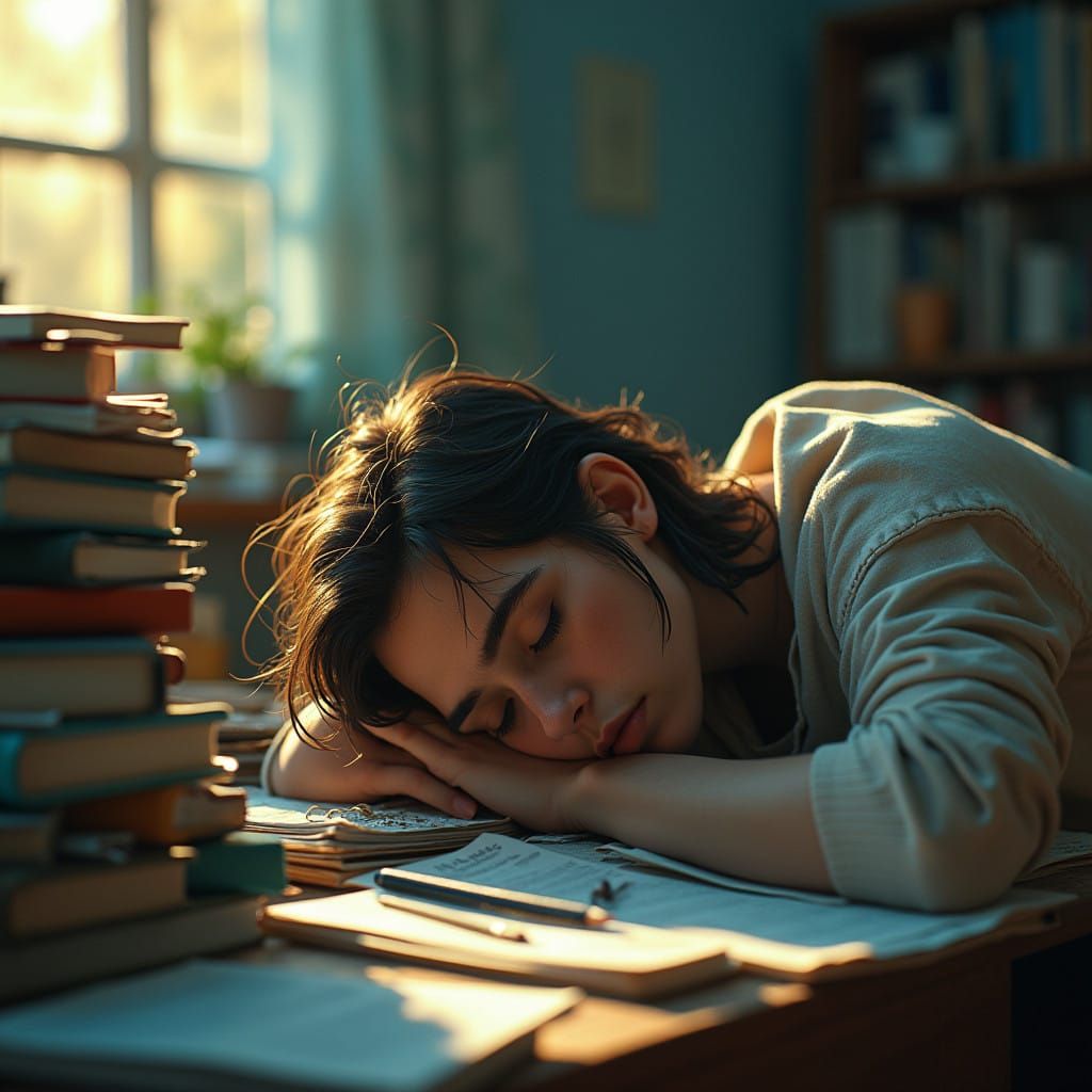 Exhausted Student in Warm Golden Light