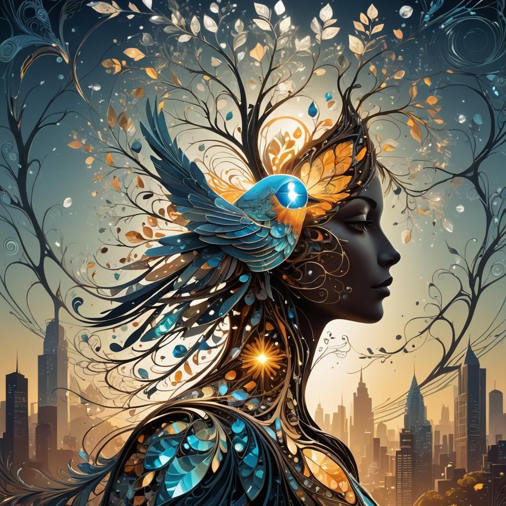 Crystal Bird Silhouette in Futuristic City