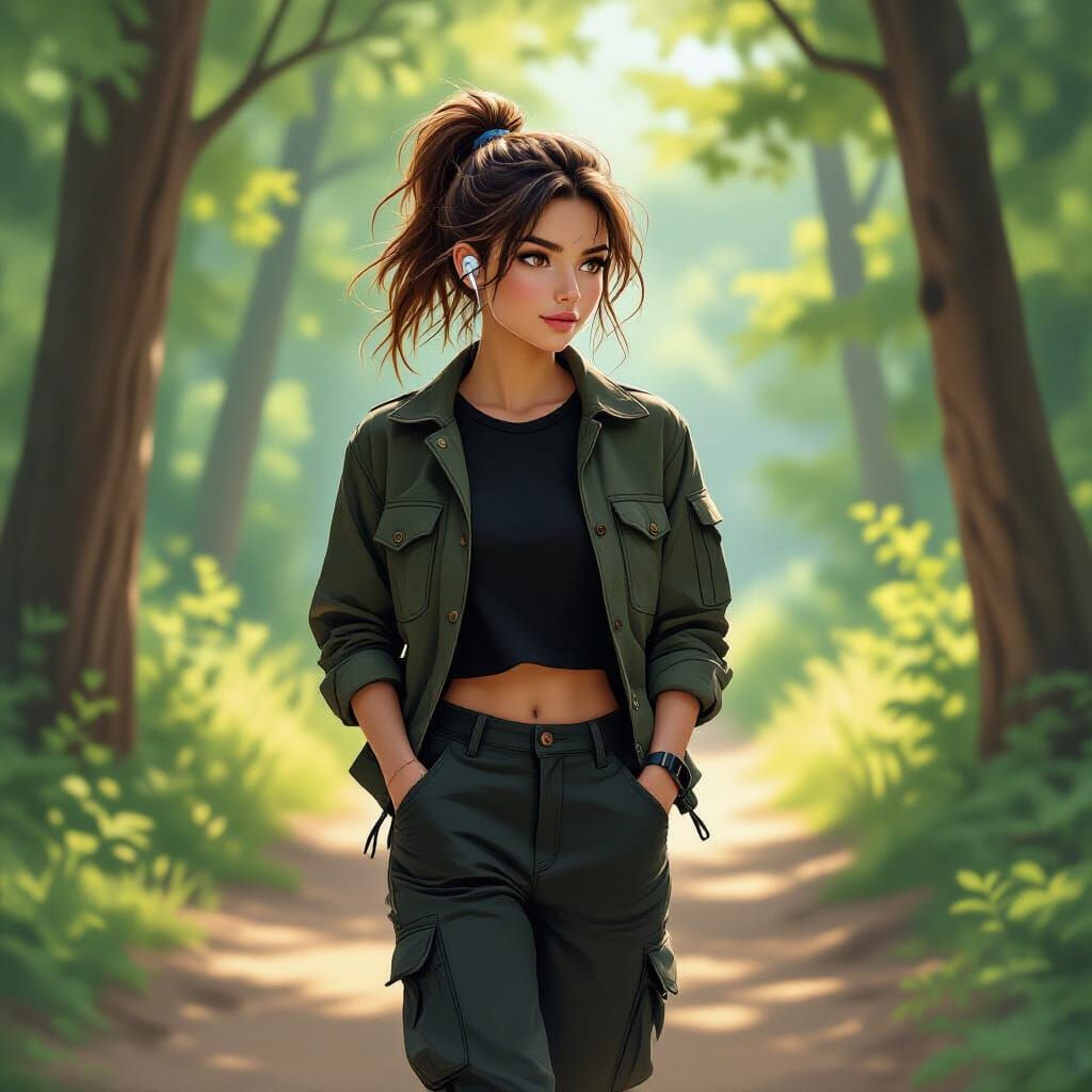 Girl Walks Forest Trail in Atmospheric Lighting