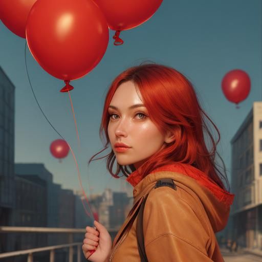 Girl with Balloons in Cityscape: Digital Art
