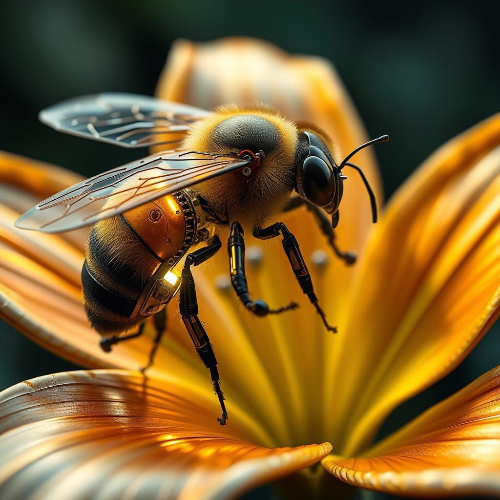 Cybernetic Bumblebee Amidst Metallic Floral Wonders