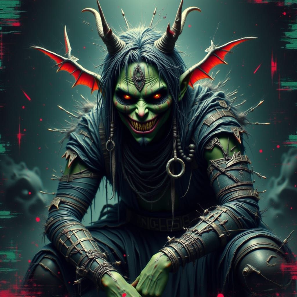 Grotesque 8-Bit Goblin with VHS Glitch Effects