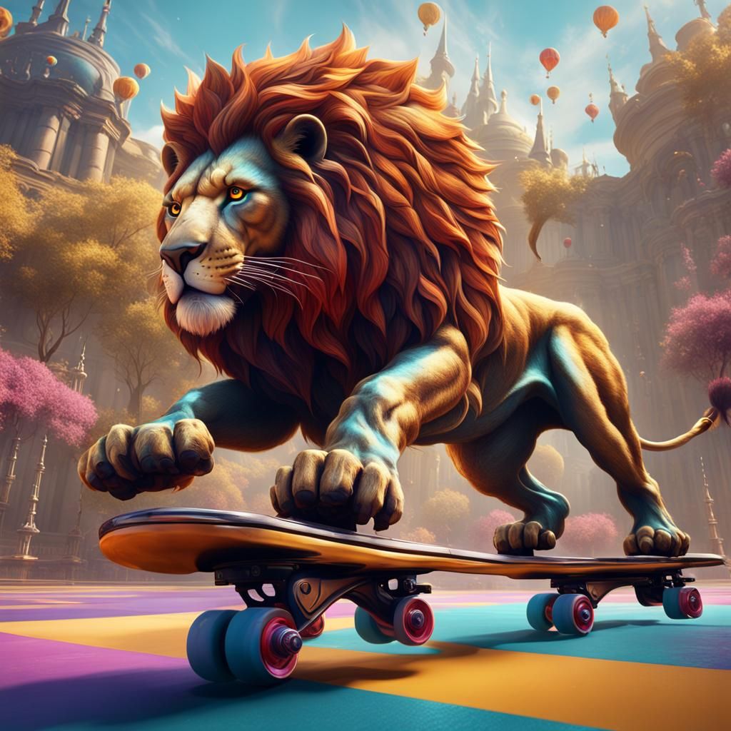Lion on Rollerskates: Detailed Fantasy Concept Art