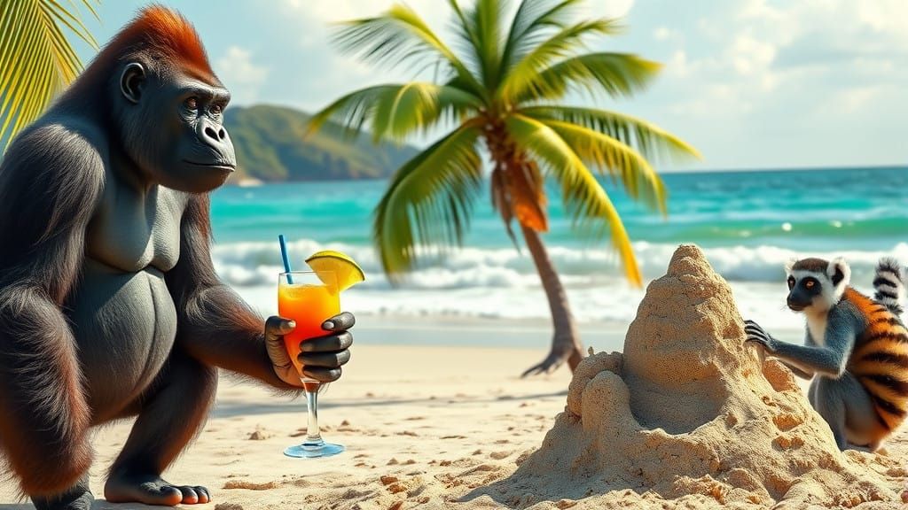 Gorillas Stroll Beach with Orangutan and Lemurs in Fun Scene