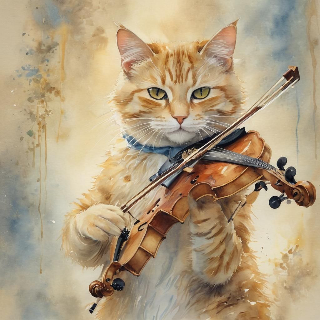 Cat Plays Violin in Whimsical Watercolor Style