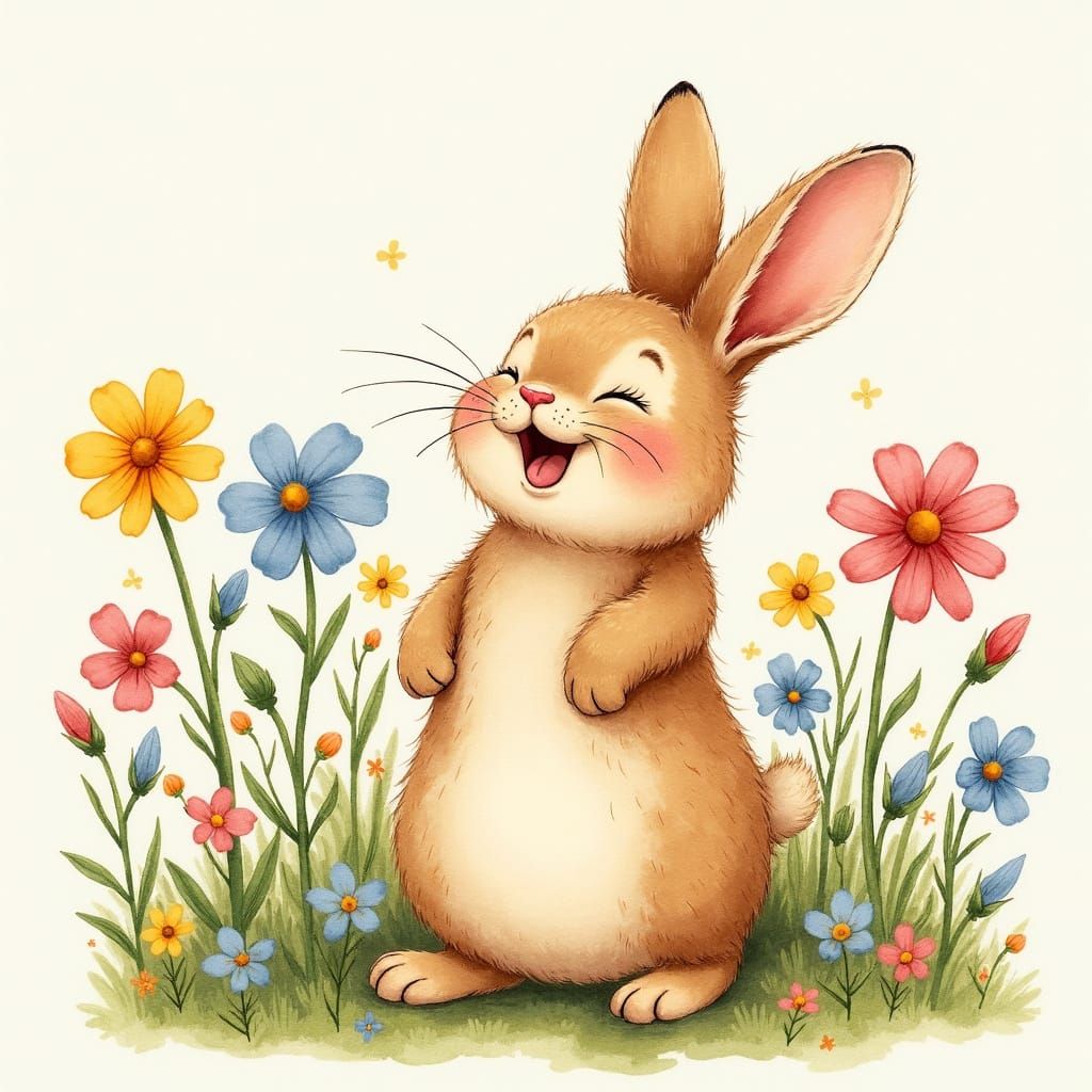 Joyful Bunny Watercolor Painting with Flowers
