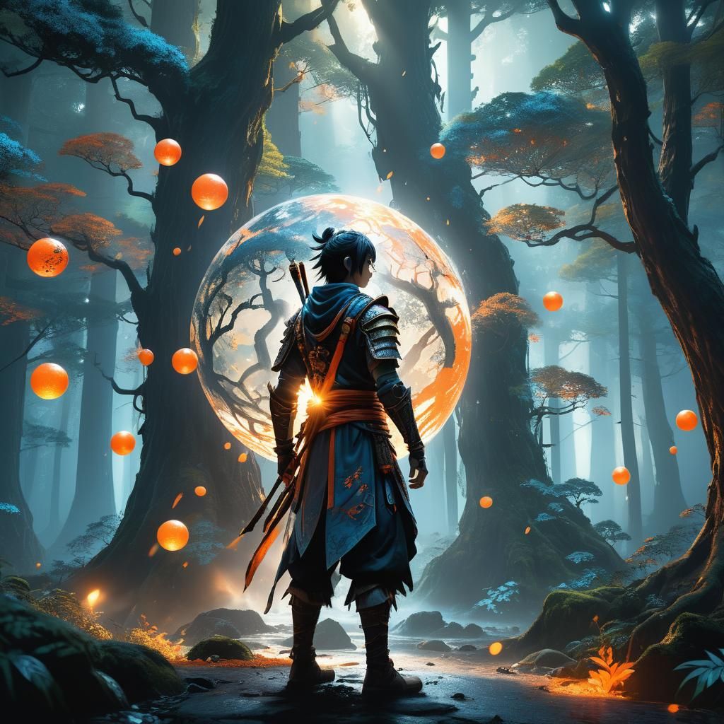 Fantasy Warrior in Mystical Forest with Manga Effects