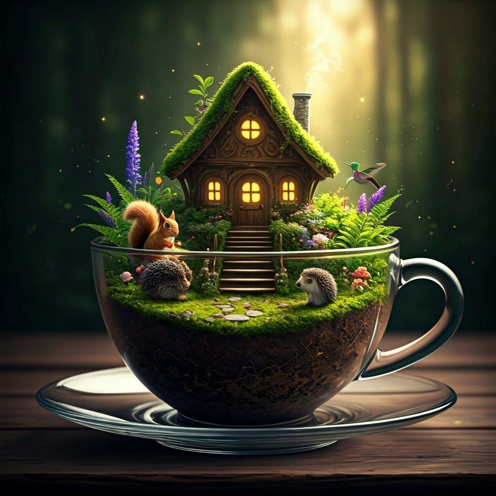 Miniature Forest Fairy House Inside Glass Teacup