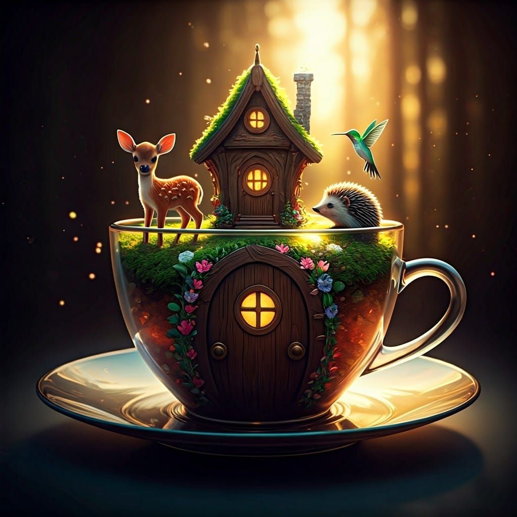 Fairy House in Teacup with Forest Creatures