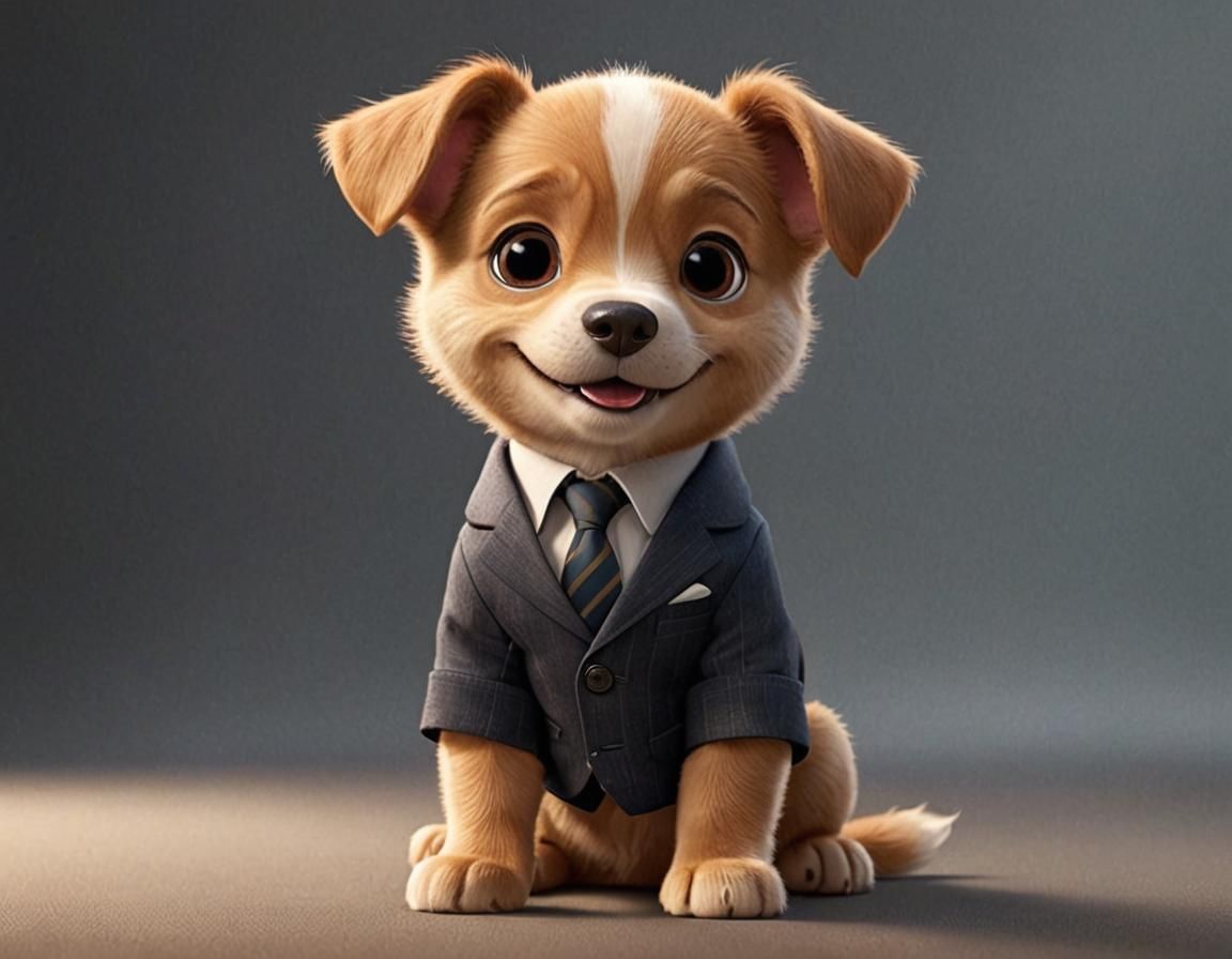 Cute Puppy in Suit: Pixar-Style CGI Rendering