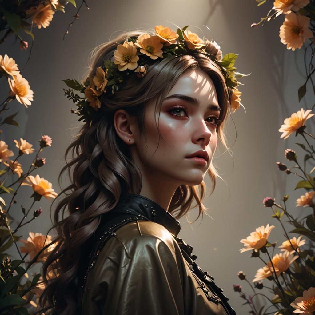 Sad Woman with Flowers in Health Goth Style