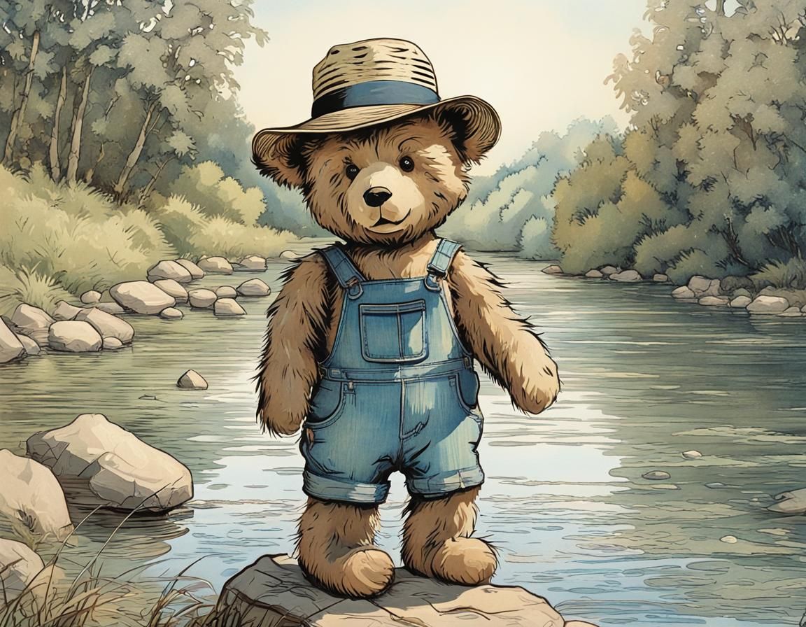Adventurous Teddy Bear Travels River in Comic Style