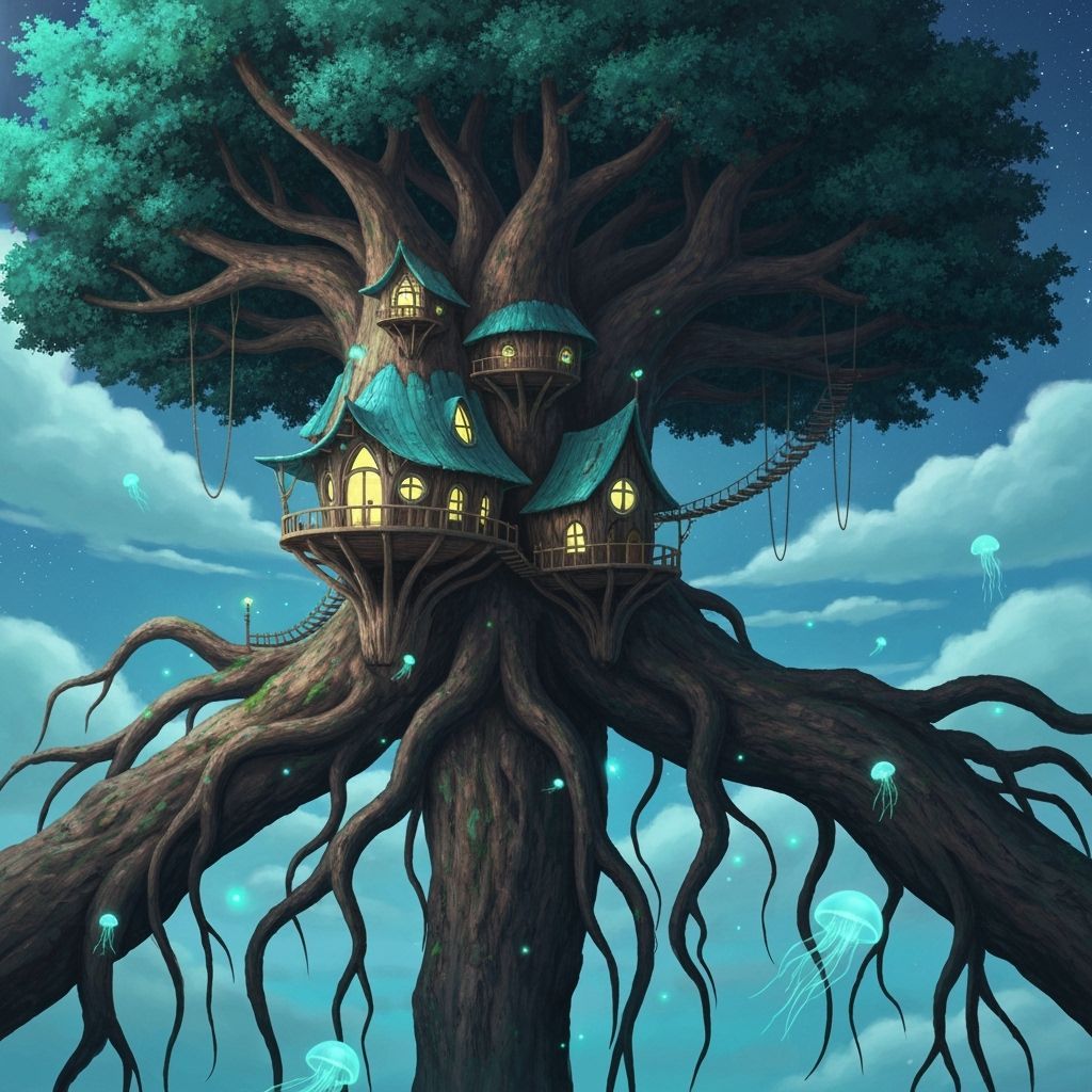 Surreal Treehouse Suspended in Air: Digital Art