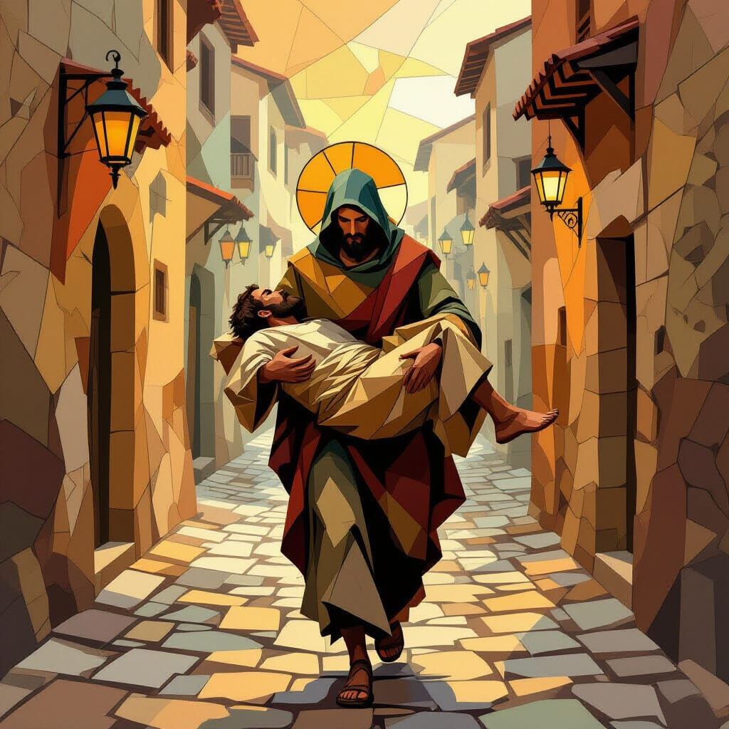 Good Samaritan in Cubist Style with Fractured Geometric Form...