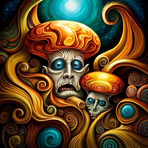 Cosmic Mushroom Zombie in Wonderland: Oil Painting